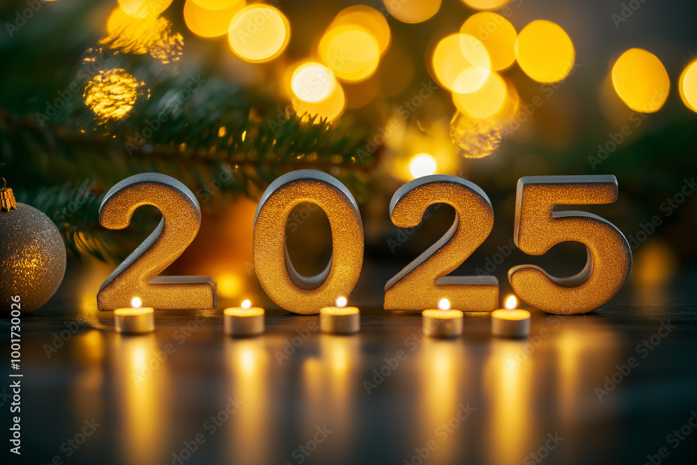 Golden Glittering 2025 Numbers Surrounded by Candles with Warm Bokeh Lights for Cozy and Festive New Year Celebration, Symbolizing Hope and Fresh Beginnings Golden Glittering 2025 Numbers Surrounded by Candles with Warm Bokeh Lights for Cozy and Festive New Year Celebration, Symbolizing Hope and Fresh Beginnings
