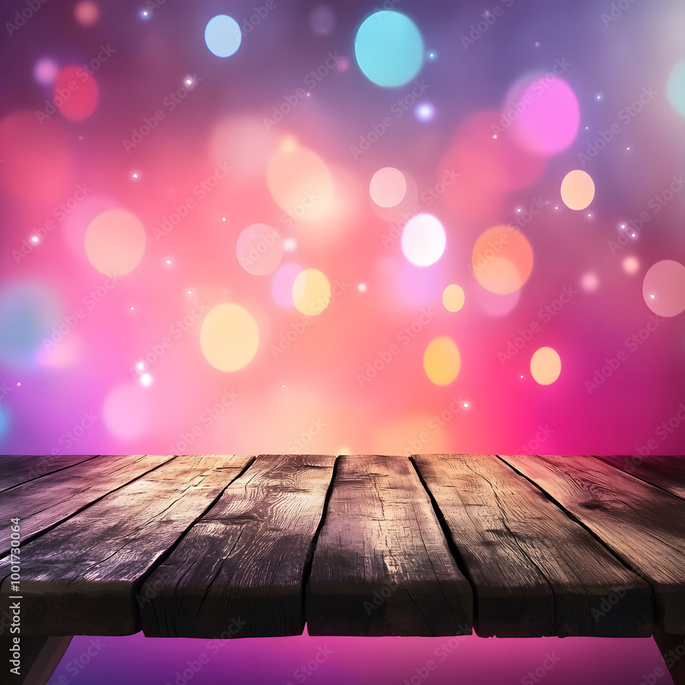 Wooden Table with Colorful Bokeh and Sparkling Lights - Magical Background Wooden Table with Colorful Bokeh and Sparkling Lights - Magical Background