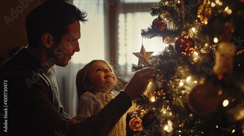 A father and daughter decorate a Christmas tree together in a warm, cozy living room during the holiday season in the evening