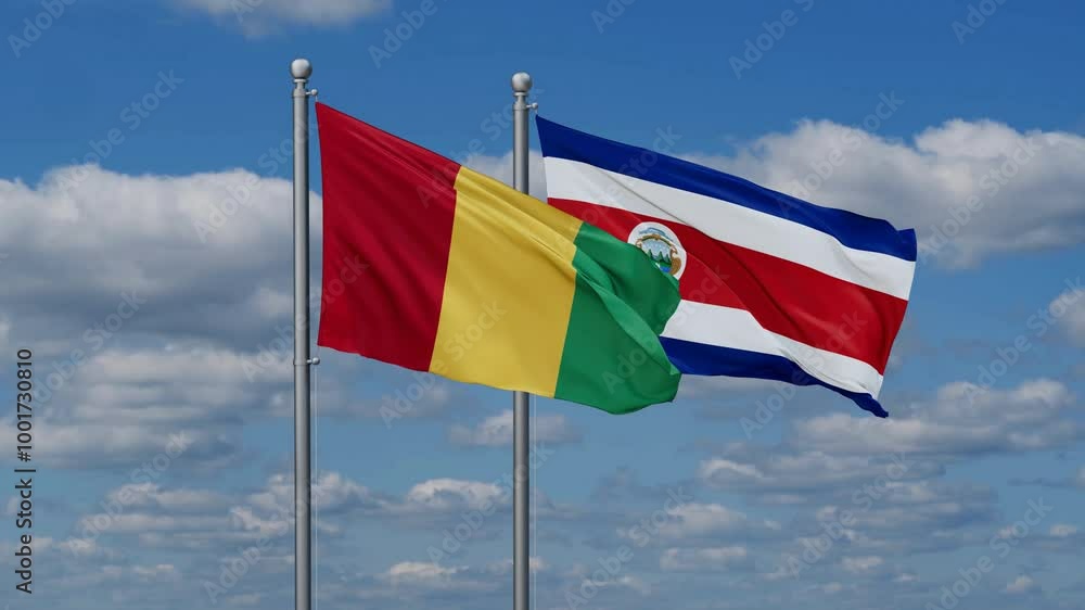 Costa Rico and Guinea Conakry flags flying together, video concept of the relationship, two country cooperation concept Costa Rico and Guinea Conakry flags flying together, video concept of the relationship, two country cooperation concept
