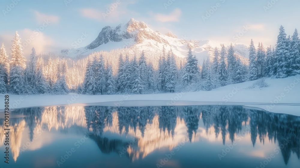A snow-covered mountain peak reflected in a frozen lake with a forest in the foreground. A snow-covered mountain peak reflected in a frozen lake with a forest in the foreground.