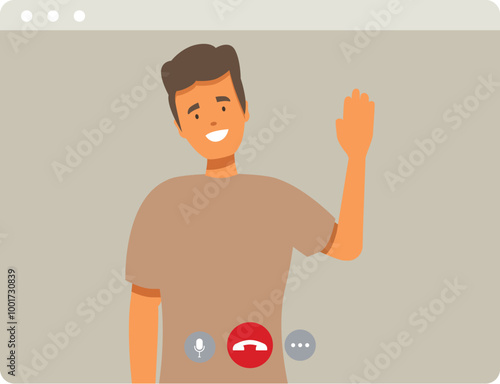 Man is waving while participating in a video call on his computer