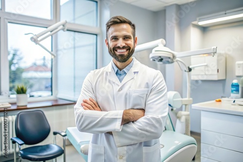 Dentist smiling in office while examining standardized dental equipment. Generative AI