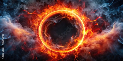 A glowing red ring surrounded by swirling smoke in a digital art setting. Generative AI