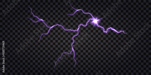 Lightning thunder bolt with purple light glow crack lines, electric impulse, dynamic motion luminous curve with flash explosion strike. Isolated vector on transparent background