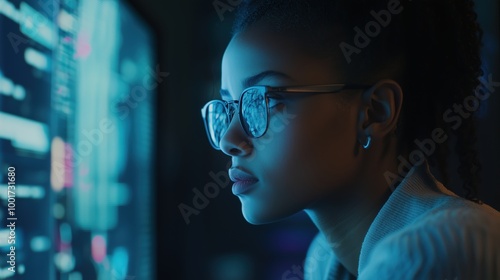 A focused woman in glasses working on a computer screen with data displayed. The blue light reflects on her face, highlighting her concentration on technology and cybersecurity