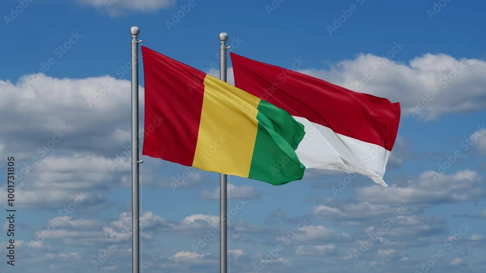 Indonesia and Guinea Conakry flags flying together, video concept of the relationship, two country relations concept Indonesia and Guinea Conakry flags flying together, video concept of the relationship, two country relations concept