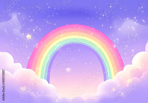  Dreamy Pastel Sky with Rainbow and Sparkling Stars - Fantasy Illustration