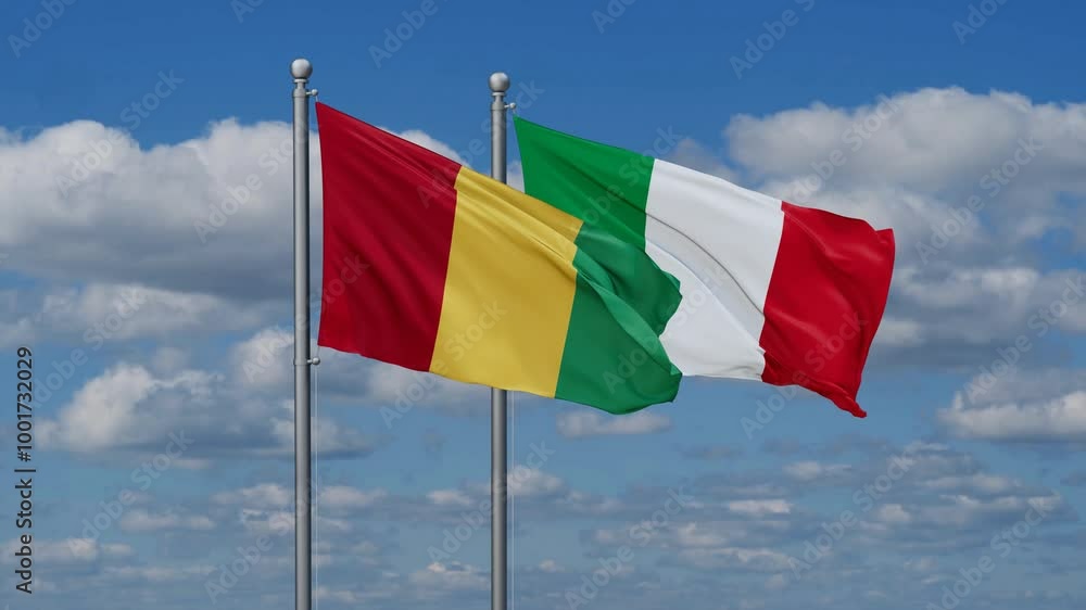 Italy and Guinea Conakry flags flying together, video concept of the relationship, two country cooperation concept Italy and Guinea Conakry flags flying together, video concept of the relationship, two country cooperation concept