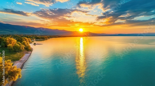 A stunning aerial view of a lake at sunset, with a golden sun setting over the water and mountains in the distance. 