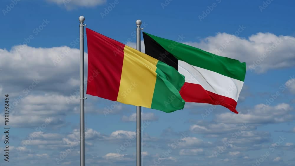 Kuwait and Guinea Conakry flags flying together, video concept of the relationship, two country cooperation concept Kuwait and Guinea Conakry flags flying together, video concept of the relationship, two country cooperation concept