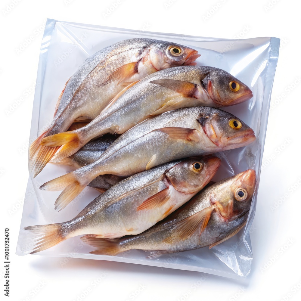 Frozen fish packaged neatly in a standard vacuum-sealed bag ready for sale. Generative AI Frozen fish packaged neatly in a standard vacuum-sealed bag ready for sale. Generative AI