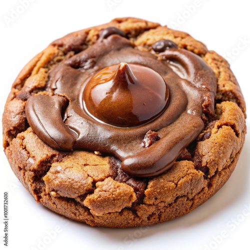 Brownie cookie with chocolate chips and Nutter Butter swirl on a clean surface. AI-made photo