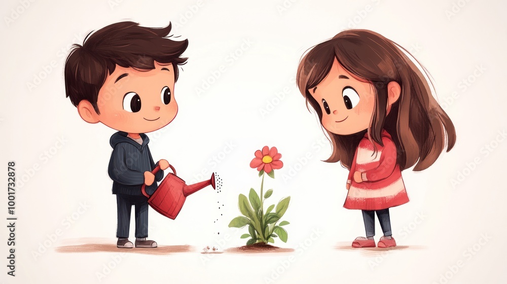 Cute cartoon boy and girl standing together pouring water from a watering can on a flower on a light background. Cute cartoon boy and girl standing together pouring water from a watering can on a flower on a light background.