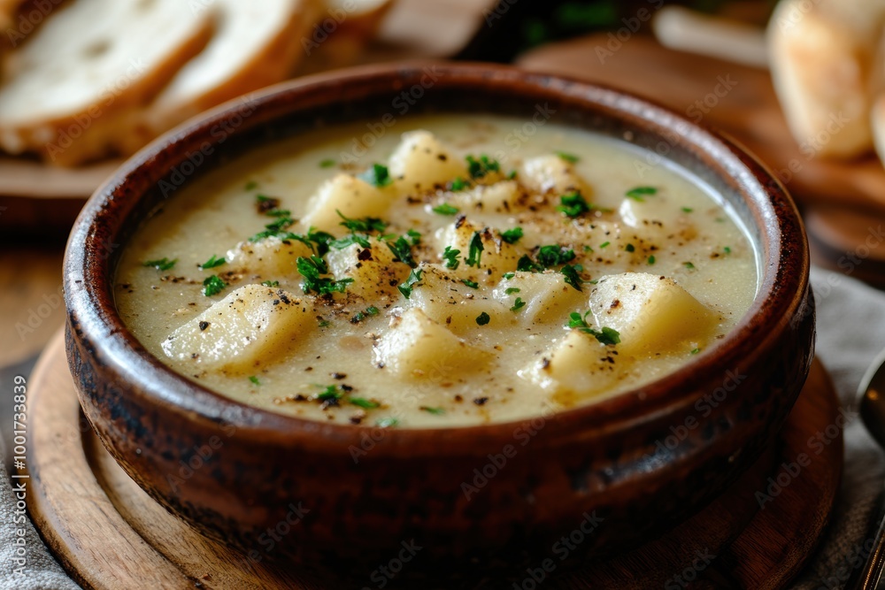 comfort food, hearty potato soup with simmered potato chunks in a savory broth comforting and delicious comfort food, hearty potato soup with simmered potato chunks in a savory broth comforting and delicious