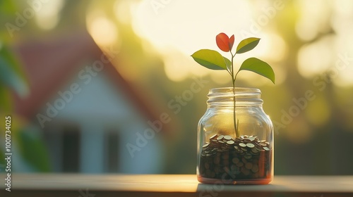 A small plant from a jar filled with coins symbolizes financial growth and sustainable investment. The warm sunlight enhances the feeling of hope and prosperity