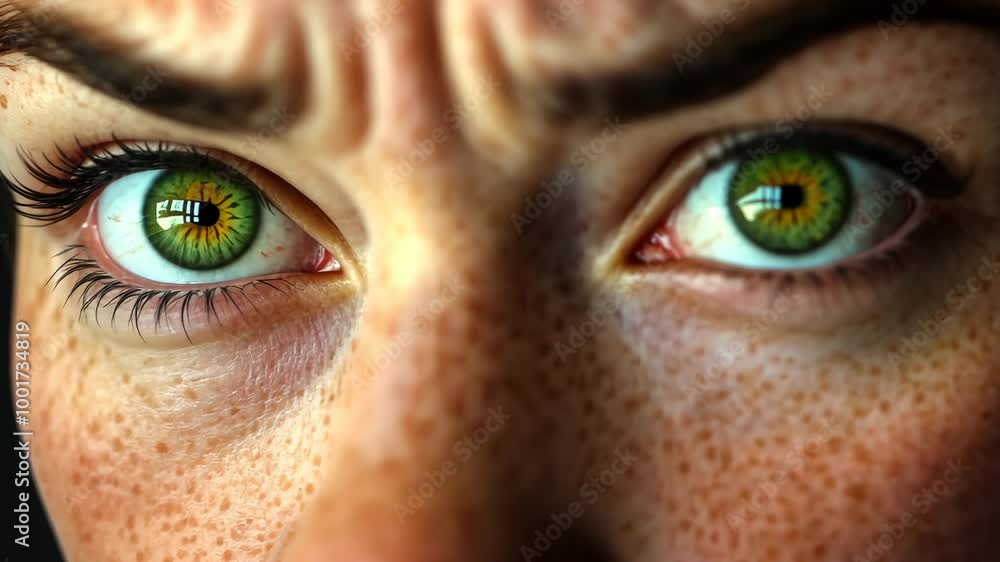 A close-up of a person's eyes with green irises A close-up of a person's eyes with green irises