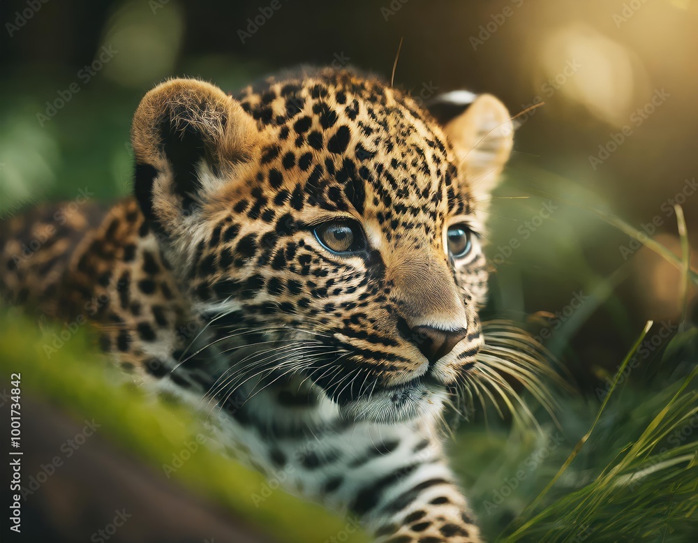 Baby jaguars in portrait is laying in the grass. Professional animal portrait