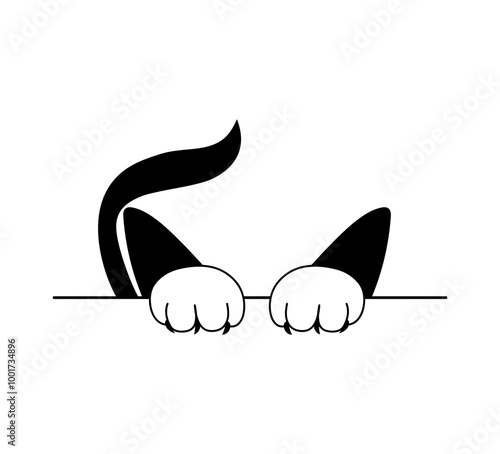 Illustration of a cat that hid, tail, paws and ears of a cat peeking out. Vector illustration in black isolated on a white background