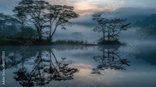 A tranquil misty morning scene with trees reflected in a still lake.