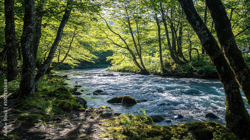 Fototapeta premium A tranquil stream flows through a lush green forest, sunlight dappling the water's surface.