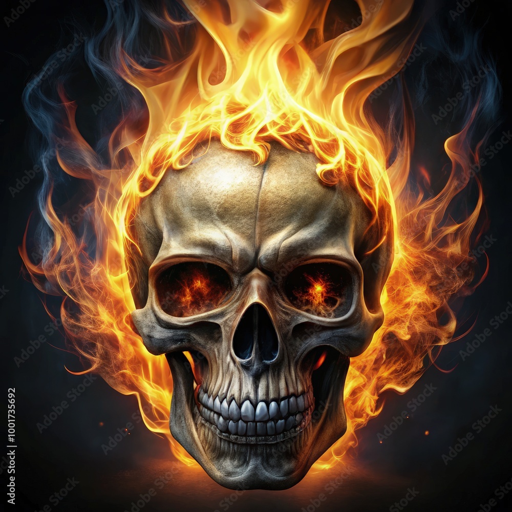 A detailed depiction of a skull engulfed in vibrant flames against a dark background. Generative AI A detailed depiction of a skull engulfed in vibrant flames against a dark background. Generative AI