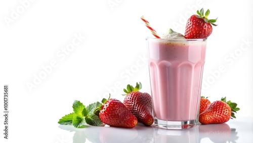 A refreshing strawberry milkshake served in a glass with berries and mint. Generative AI