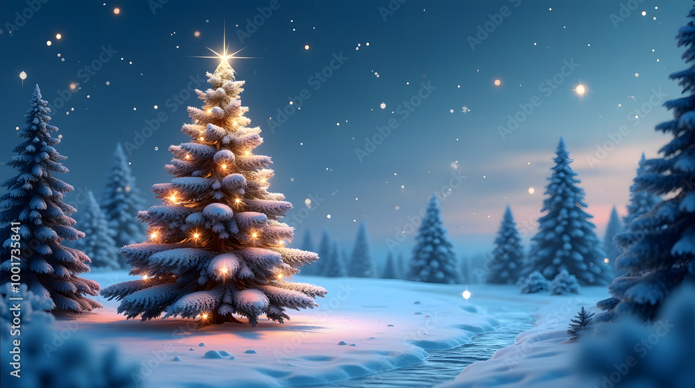 Fantastic winter landscape with christmas tree. 3D rendering. Christmas background with christmas tree, snow and stars. Generative AI Fantastic winter landscape with christmas tree. 3D rendering. Christmas background with christmas tree, snow and stars. Generative AI