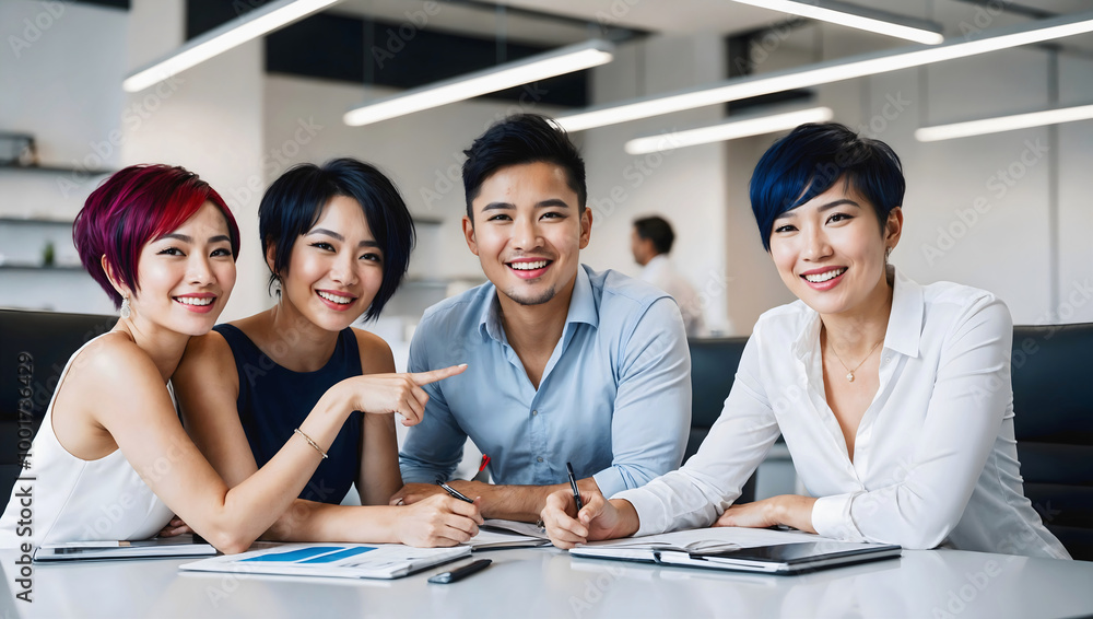 Group of young diverse business people smiling and sitting in office, brainstorming, multicultural team at work,