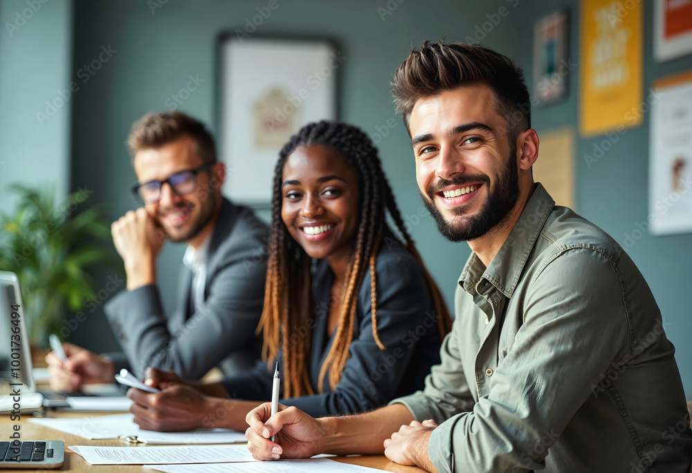 Group of young diverse business people smiling and sitting in office, brainstorming, multicultural team at work,