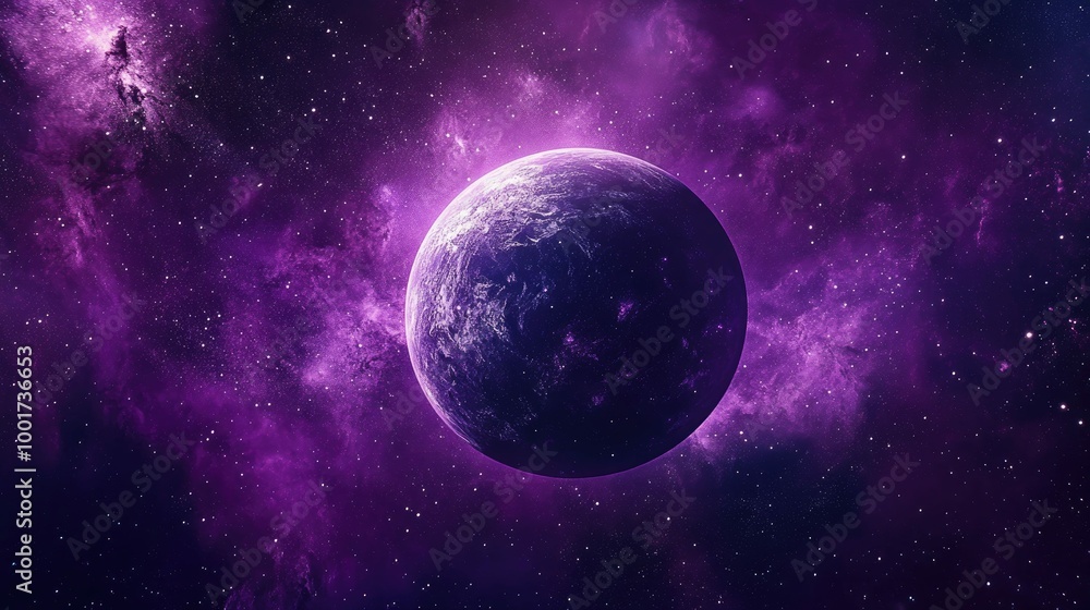 Obraz premium A vibrant purple nebula surrounds a blue planet in space, creating a cosmic backdrop.