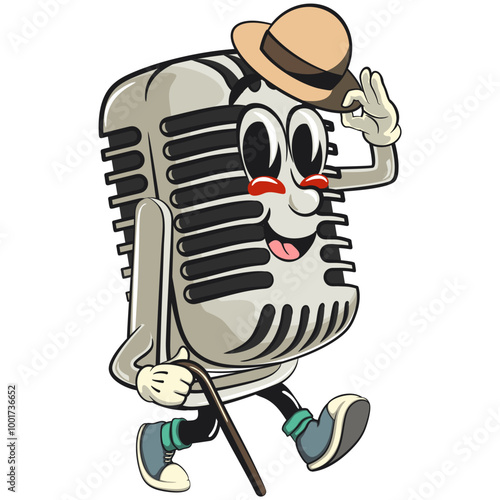 vintage microphone cartoon character mascot retro vector design carrying a stick and saluting with raised hat, work of hand drawn