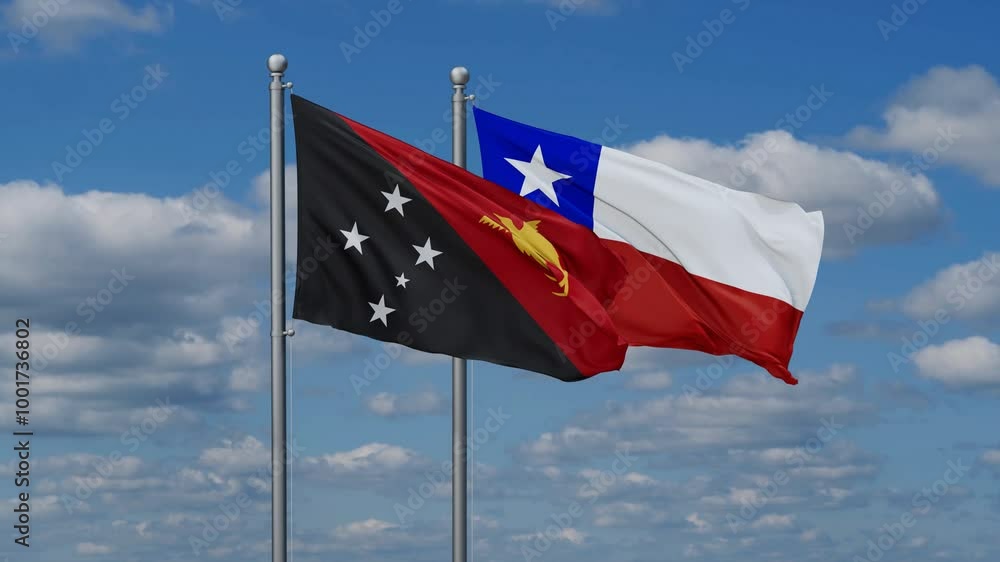Chile and Papua New Guinea flags flying together, video concept of the relationship, two country relations concept Chile and Papua New Guinea flags flying together, video concept of the relationship, two country relations concept