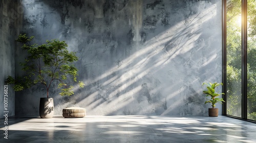 Stylish luxury space with natural light casting shadows of trees onto a light concrete wall neutraltoned floor creating a perfect clean backdrop for aesthetic product placement photo