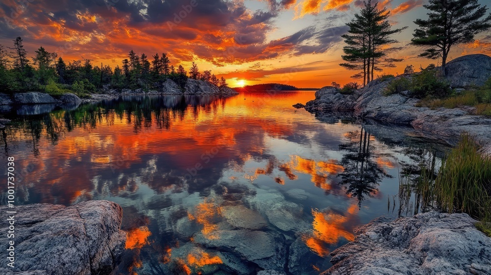 A vibrant sunset over a tranquil lake, with the reflection of the sky and clouds creating a mesmerizing scene. The calm water and rocky shoreline enhance the beauty of the natural landscape. A vibrant sunset over a tranquil lake, with the reflection of the sky and clouds creating a mesmerizing scene. The calm water and rocky shoreline enhance the beauty of the natural landscape.