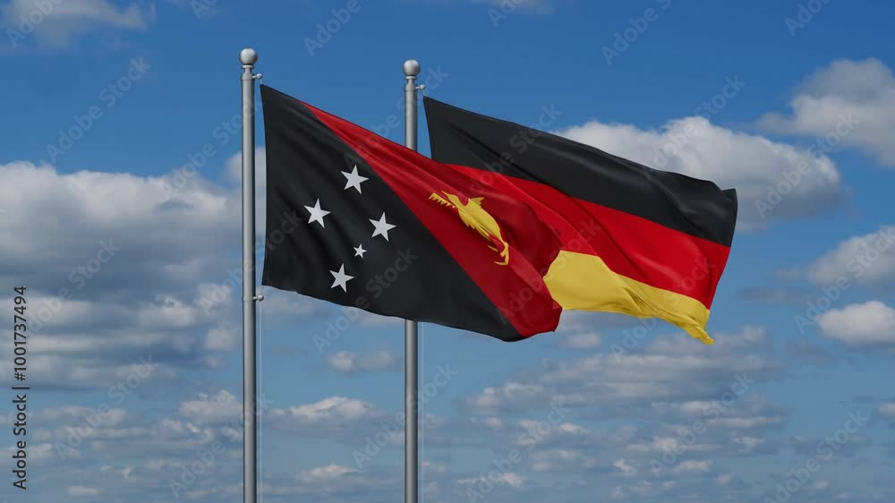 Germany and Papua New Guinea flags flying together, video concept of the relationship, two country relations concept Germany and Papua New Guinea flags flying together, video concept of the relationship, two country relations concept