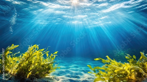 A vibrant underwater scene with sunlight shining through the water, illuminating the sandy bottom and green seaweed.