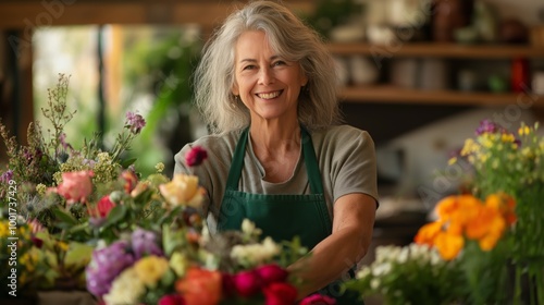 Mature Woman with Gray Hair in Flower Shop, Vibrant Blooms, Fresh Floral Arrangements, Gardening Business Stock Photo