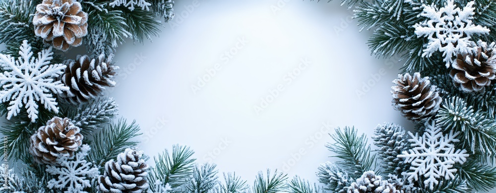Top-view of a wreath with intricate snowflake designs and frosted pinecones, on an isolated white background, room for text. Top-view of a wreath with intricate snowflake designs and frosted pinecones, on an isolated white background, room for text.