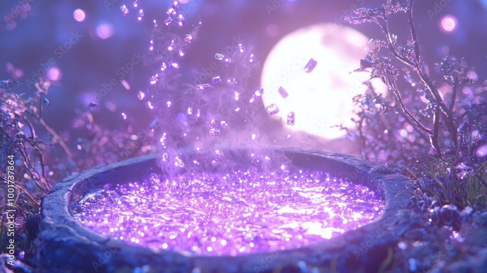 Fototapeta premium Mystical Witch's Cauldron Brewing Potion Under Full Moon - Digital Ray Tracing Artwork