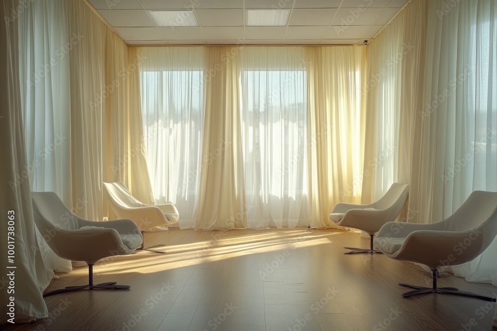 Fototapeta premium therapy room atmosphere, a gentle breeze softly moves the sheer curtains in the group therapy room, bringing a serene atmosphere for support and reflection