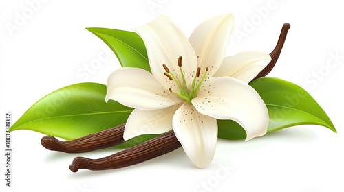 A white vanilla flower with two vanilla beans, green leaves, and a white background.