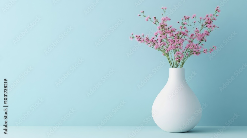 custom made wallpaper toronto digitalA white vase with pink flowers on a blue background.