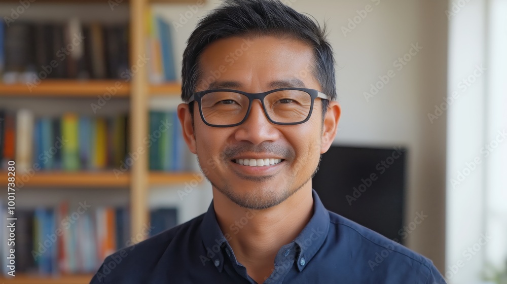 Middle Aged Asian Man with Short Black Hair and Glasses in a Library Setting for Business, Education, or Professional Use Middle Aged Asian Man with Short Black Hair and Glasses in a Library Setting for Business, Education, or Professional Use