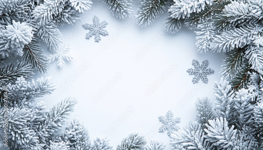 Middle shot of a holiday wreath with silver snowflakes and frosted pine branches, isolated white background, room for text. Middle shot of a holiday wreath with silver snowflakes and frosted pine branches, isolated white background, room for text.