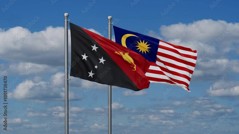 Malaysia and Papua New Guinea flags flying together, video concept of the relationship, two country cooperation concept Malaysia and Papua New Guinea flags flying together, video concept of the relationship, two country cooperation concept