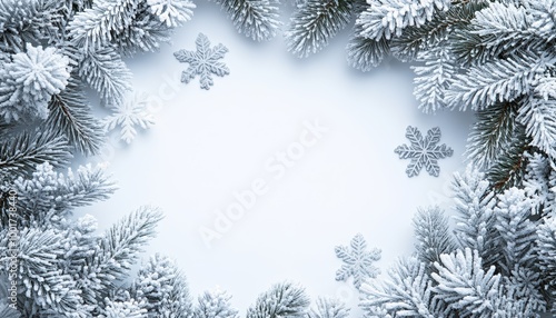 Middle shot of a holiday wreath with silver snowflakes and frosted pine branches, isolated white background, room for text.