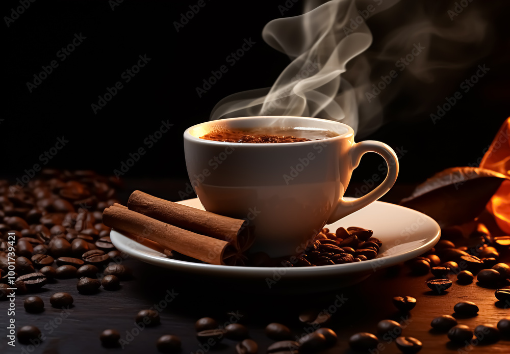 Still life with steaming coffee and coffee beans in dramatic tones Still life with steaming coffee and coffee beans in dramatic tones