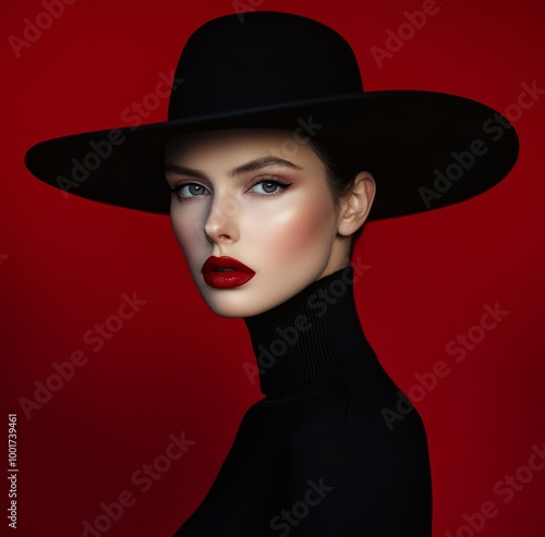 The image shows an elegant woman in black with dark makeup on a red background