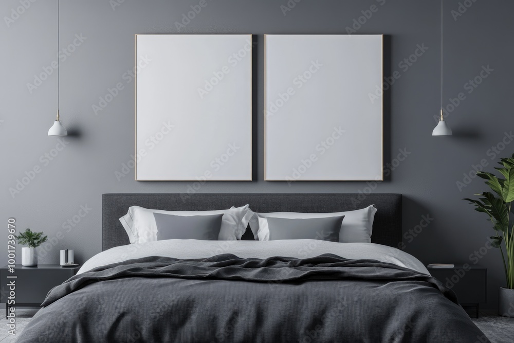 Design Mockup: Stylish Interior with Twin Canvases and Bed Headboard in Elegant Grey